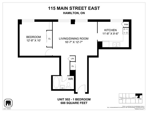 A floor plan for a unit at 115 Main Street East in Hamilton, Ontario, showing a bedroom, living/dining room, kitchen, and laundry room.